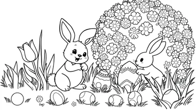 Placa de color de Pascua con dos conejitos y huevos.