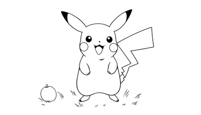 Placa de color de Pikachu sonriendo en un campo de hierba con una fruta.