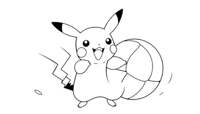 Pikachu sonriente con una pelota de colores en un dibujo lineal para colorear, con líneas de movimiento detrás.