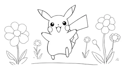 Pikachu saltando feliz en un campo de flores, listo para colorear en esta placa de color.