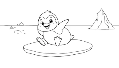 Un pingüino bebé sonriente sobre una placa de hielo para colorear.