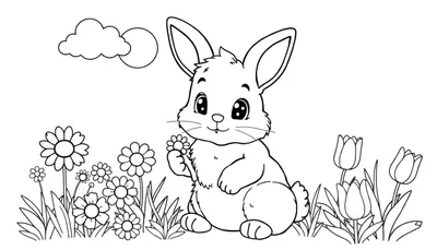 Placa de color para colorear de un conejito tierno en un campo de flores.