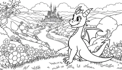 Una placa de color con Spyro el dragón listo para colorear, rodeado de un paisaje de fantasía.