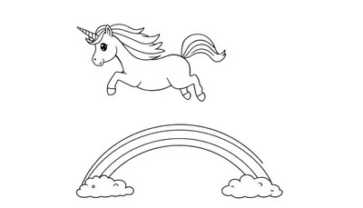 Placa de color de un unicornio saltando sobre un arcoíris.