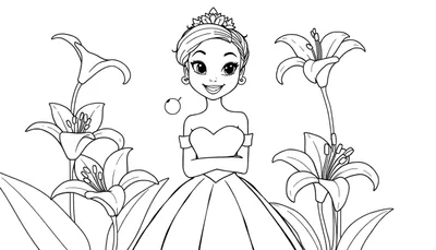 Placa de color de Tiana en un jardín de lirios.