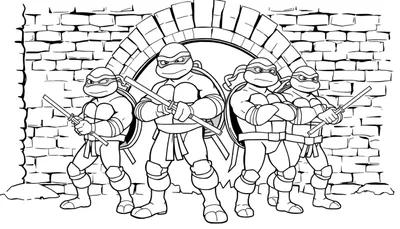 Placa de color de las Tortugas Ninja listas para la acción frente a un muro de ladrillos.