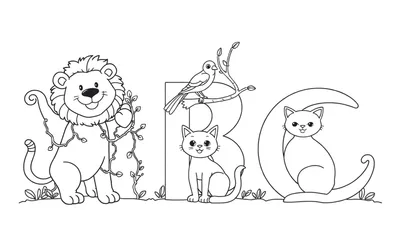 Placa de color del abecedario con animales: la A con un león, la B con un pájaro y un gato, y la C con otro gato, todos con estilo caricaturesco.