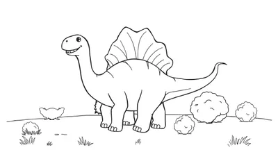 Placa de color de un dinosaurio amigable con vela dorsal.