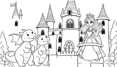 Placa de color: Princesa y dragones en un castillo.