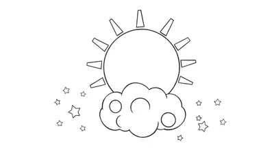 Placa de color: sol, nube y estrellas hechas de formas geométricas.