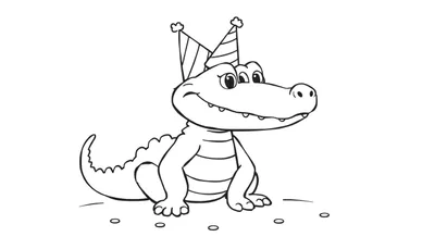 Un cocodrilo amigable de historieta en blanco y negro con sombreros de fiesta, listo para colorear.
