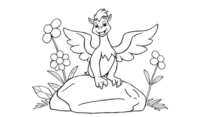 Un dibujo de un dragón amigable en blanco y negro para colorear, sentado en una roca rodeado de flores.
