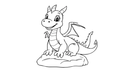 Una placa de color de un dragón bebé sonriente sentado en una roca, listo para colorear.