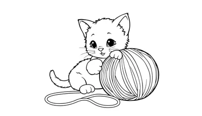 Placa de color para colorear de un gatito jugando con un ovillo de lana.