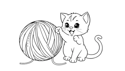 Placa de color de un gatito juguetón con una bola de estambre.