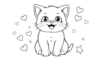 Placa de color de un gatito kawaii rodeado de corazones y estrellas.