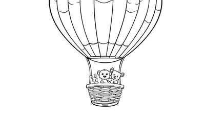 Placa de color de un globo aerostático con un conejito y dos ositos de peluche en la cesta.