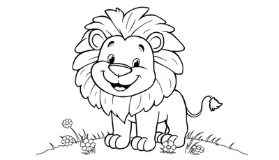 Un león de dibujos animados sonriendo en una placa de color con flores.