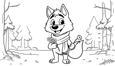 Un lobo amigable con bufanda y flores listo para colorear en una placa de color.