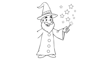 Placa de color de un mago de dibujos animados lanzando estrellas.