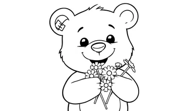 Placa de color de un oso de peluche sonriente con un vendaje en la oreja y flores.