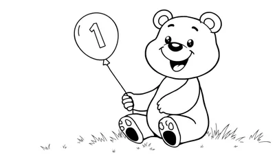 Placa de color de un oso feliz con un globo con el número 1.