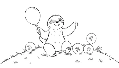 Página para colorear de un perezoso feliz sosteniendo un globo con las letras A, B, C y E flotando a su alrededor.