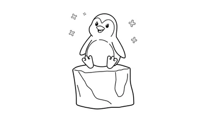 Placa de color de un pingüino sonriente sentado en un bloque de hielo con símbolos de copo de nieve flotando.