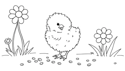 Un pollito jugando en un jardín, listo para ser coloreado en la placa de color.