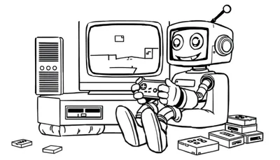 Placa de color: Robot jugando a videojuegos con las piernas cruzadas frente a una televisión antigua.