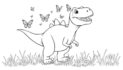 Placa de color de un tiranosaurio rex amigable persiguiendo mariposas en un prado soleado.