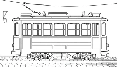 Dibujo para colorear de un tranvía antiguo con marco de placa de color.