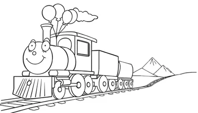 Un tren de dibujos animados sonriente con globos sobre vías, listo para la placa de color.
