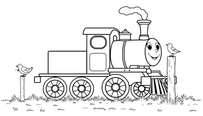 Placa de color de un tren de vapor sonriente con humo saliendo de su chimenea y pájaros en postes.