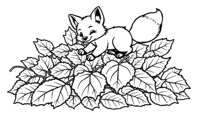 Un lindo zorrito animado guiñando un ojo sobre una pila de hojas de otoño, una placa de color lista para colorear.