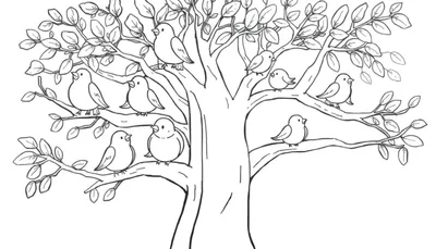 Un árbol de colorear, una placa de color amigable con pájaros en sus ramas.