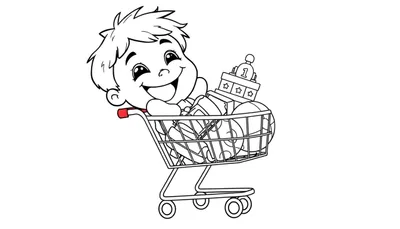 Placa de color para niños de un niño feliz en un carrito de compras con juguetes.