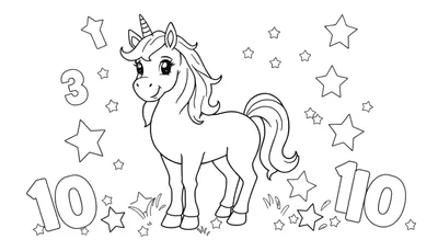 Placa de color de un unicornio feliz con estrellas y números para colorear.