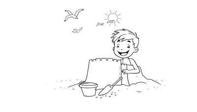 Placa de color: un niño feliz construyendo un castillo de arena en la playa con un sol y pájaros en el cielo.