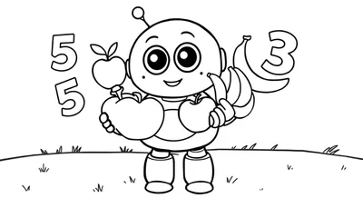 Placa de color de un robot simpático contando frutas con números.