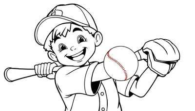 Placa de color de un niño feliz jugando al béisbol, listo para batear.