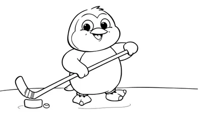Placa de color: Un pingüino de dibujos animados jugando al hockey.