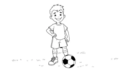 Un niño sonriente con ropa de fútbol, listo para jugar. Placa de color.