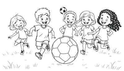 Placa de color de niños sonriendo jugando al fútbol.