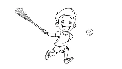 Placa de color de un niño sonriente jugando al lacrosse.