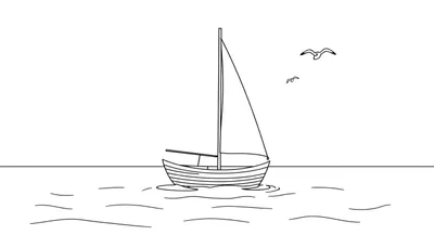 Un velero listo para ser coloreado con una vela triangular y gaviotas volando, presentado como una placa de color.