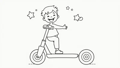 Placa de color de un niño feliz en patinete.