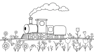 Placa de color con un tren de vapor sonriente rodeado de flores.