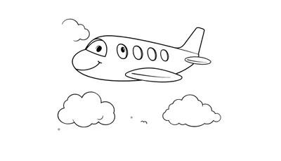Avión de dibujos animados volando entre nubes en blanco y negro, listo para colorear.