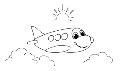 Placa de color de un avión sonriente volando entre nubes bajo el sol.